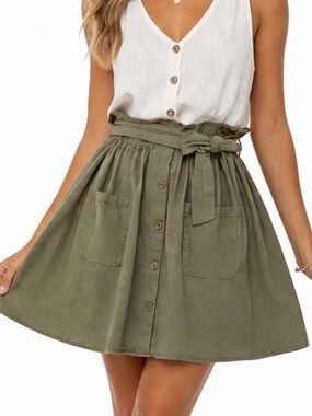 Olive Green Paperbag Waist Skirt Button Front A-Line Mini L
